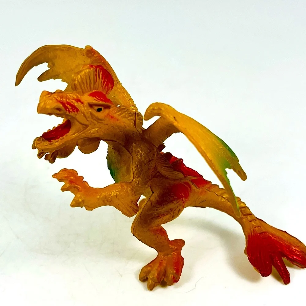 Vintage Plastic Dragon Figure Toy Yellow W/Green And Red 3.5